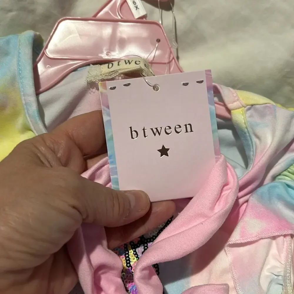 Btween 6x tye dye unicorn ruffled hemline top w/pink legging scrunchie nwt